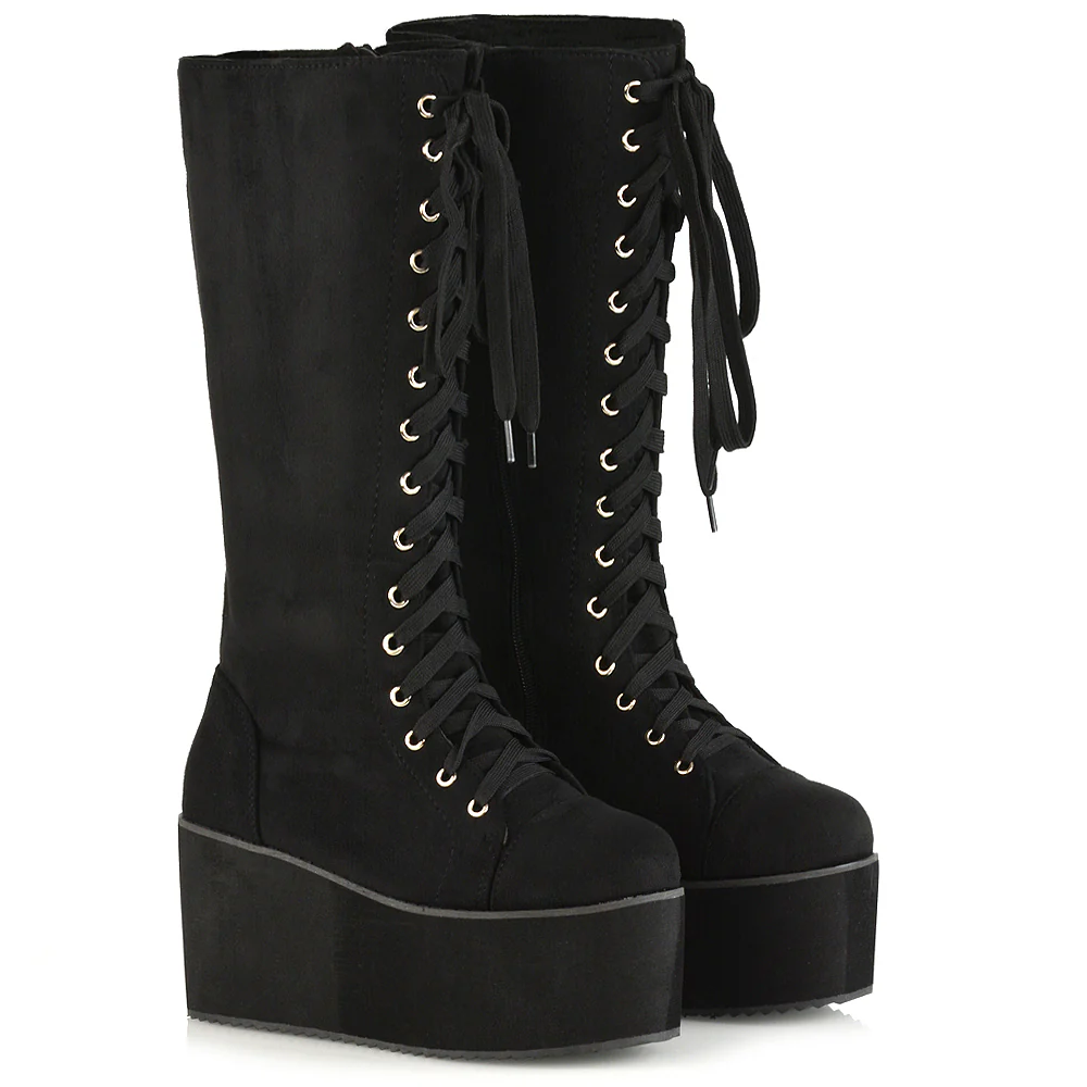 LIZ'S CHUNKY SOLE LACE UP KNEE HIGH BIKER WINTER PLATFORM BOOTS IN BLACK FAUX SUEDE - Image 36