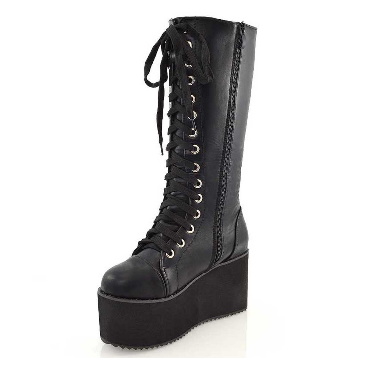 LIZ'S CHUNKY SOLE LACE UP KNEE HIGH BIKER WINTER PLATFORM BOOTS IN BLACK FAUX SUEDE - Image 48
