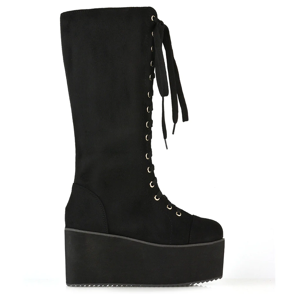 LIZ'S CHUNKY SOLE LACE UP KNEE HIGH BIKER WINTER PLATFORM BOOTS IN BLACK FAUX SUEDE - Image 50