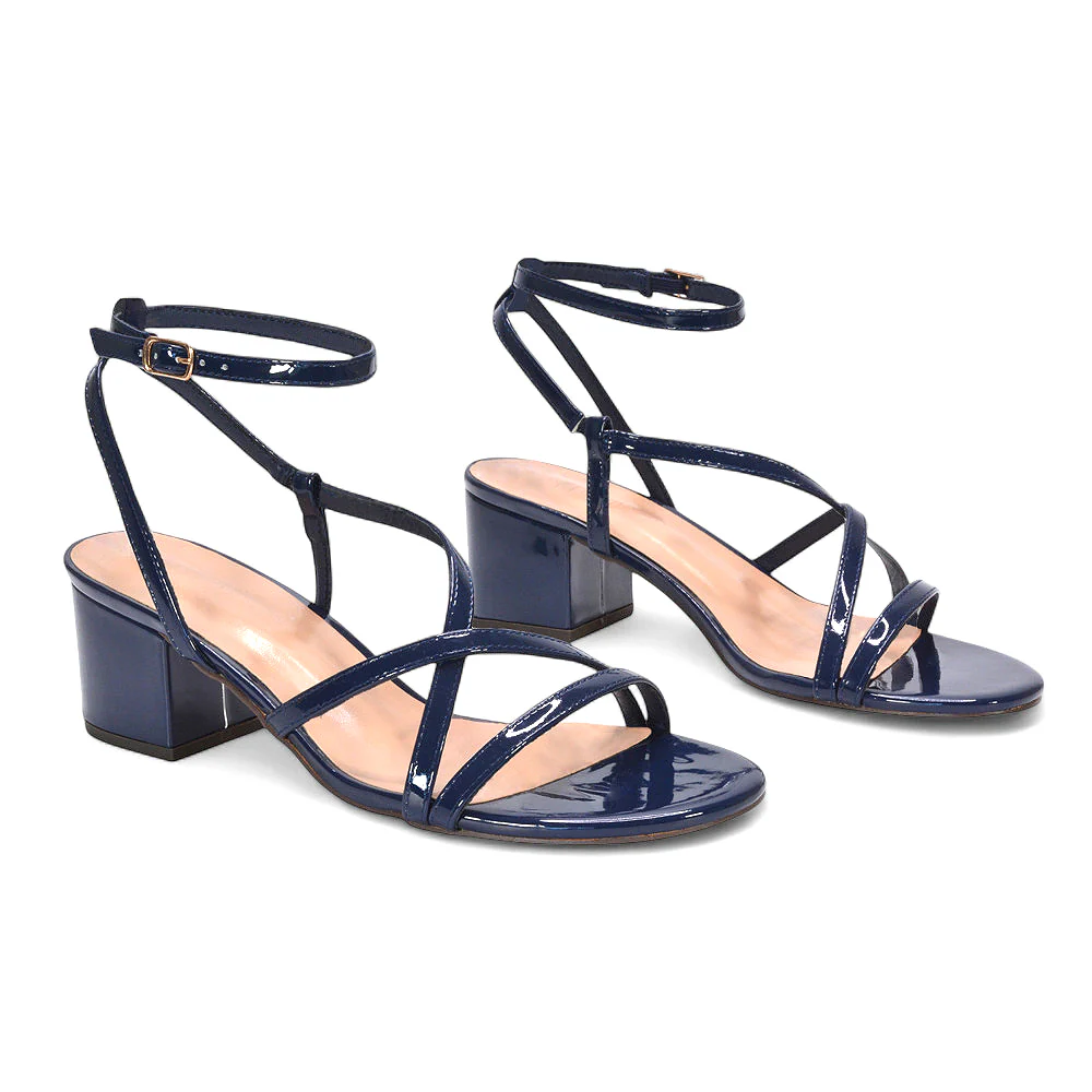 Lizzie Open Toe Mid Block Heel Strappy Sandals in Navy Patent