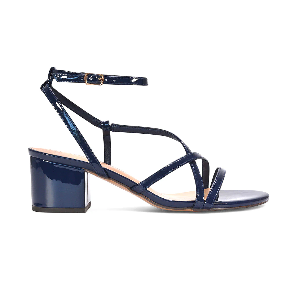 Lizzie Open Toe Mid Block Heel Strappy Sandals in Navy Patent - Image 2