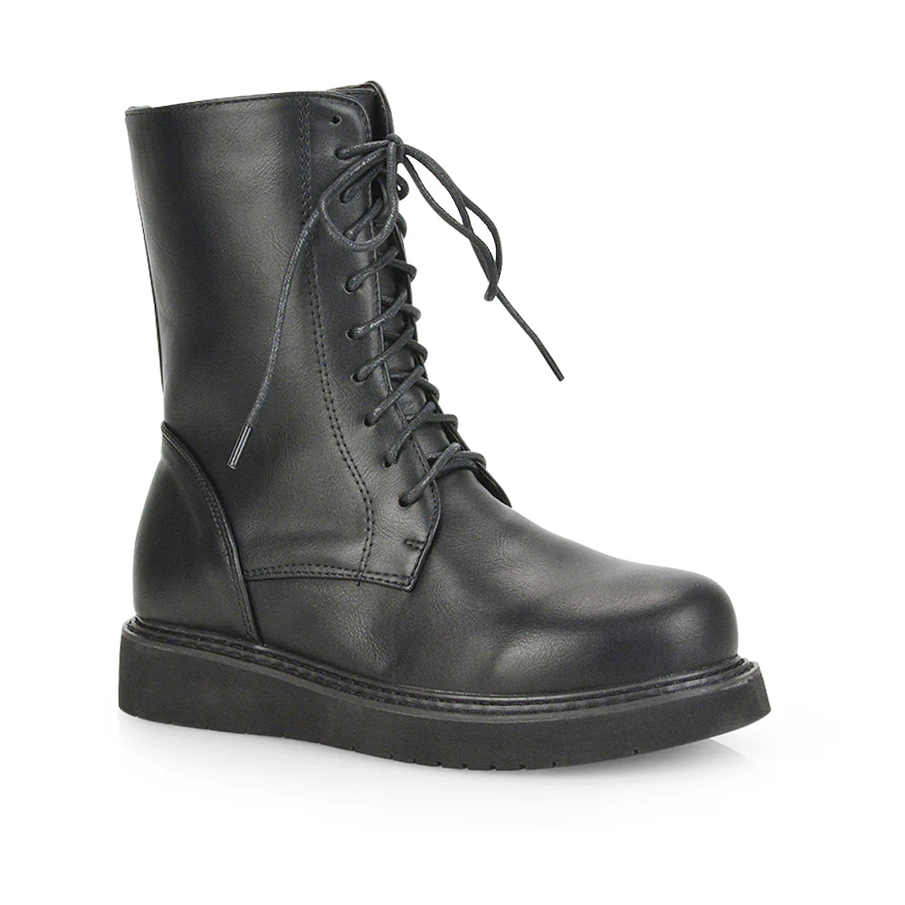 Lizzo Flat Chunky Sole Platform Zip-Up Flatform Lace up Ankle Biker Boots in Black Faux Suede - Image 48