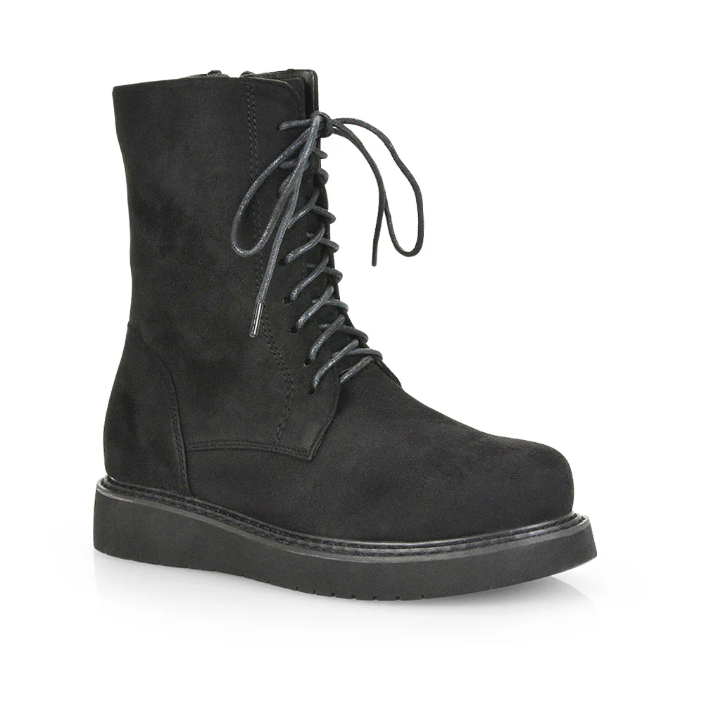 Lizzo Flat Chunky Sole Platform Zip-Up Flatform Lace up Ankle Biker Boots in Black Faux Suede - Image 68