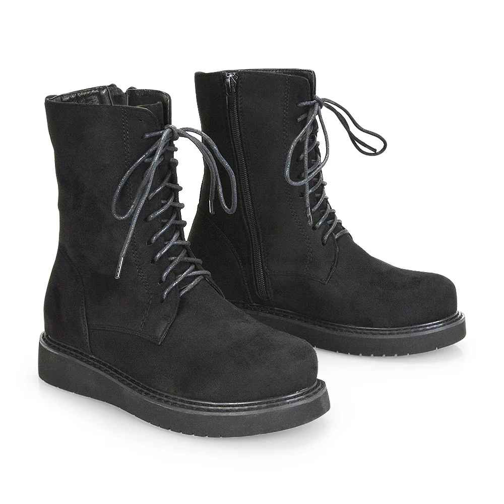 Lizzo Flat Chunky Sole Platform Zip-Up Flatform Lace up Ankle Biker Boots in Black Faux Suede - Image 87