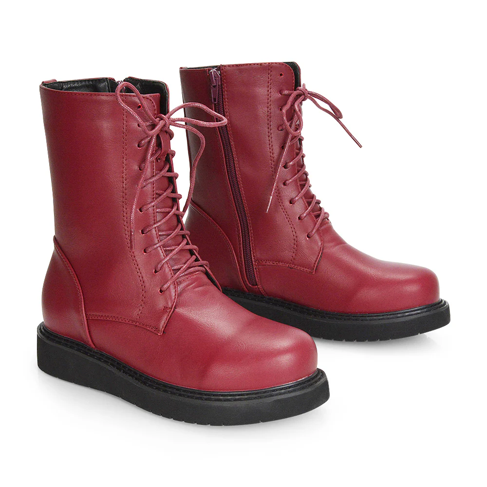Lizzo Flat Chunky Sole Platform Zip-Up Flatform Lace up Ankle Biker Boots in Black PU - Image 6