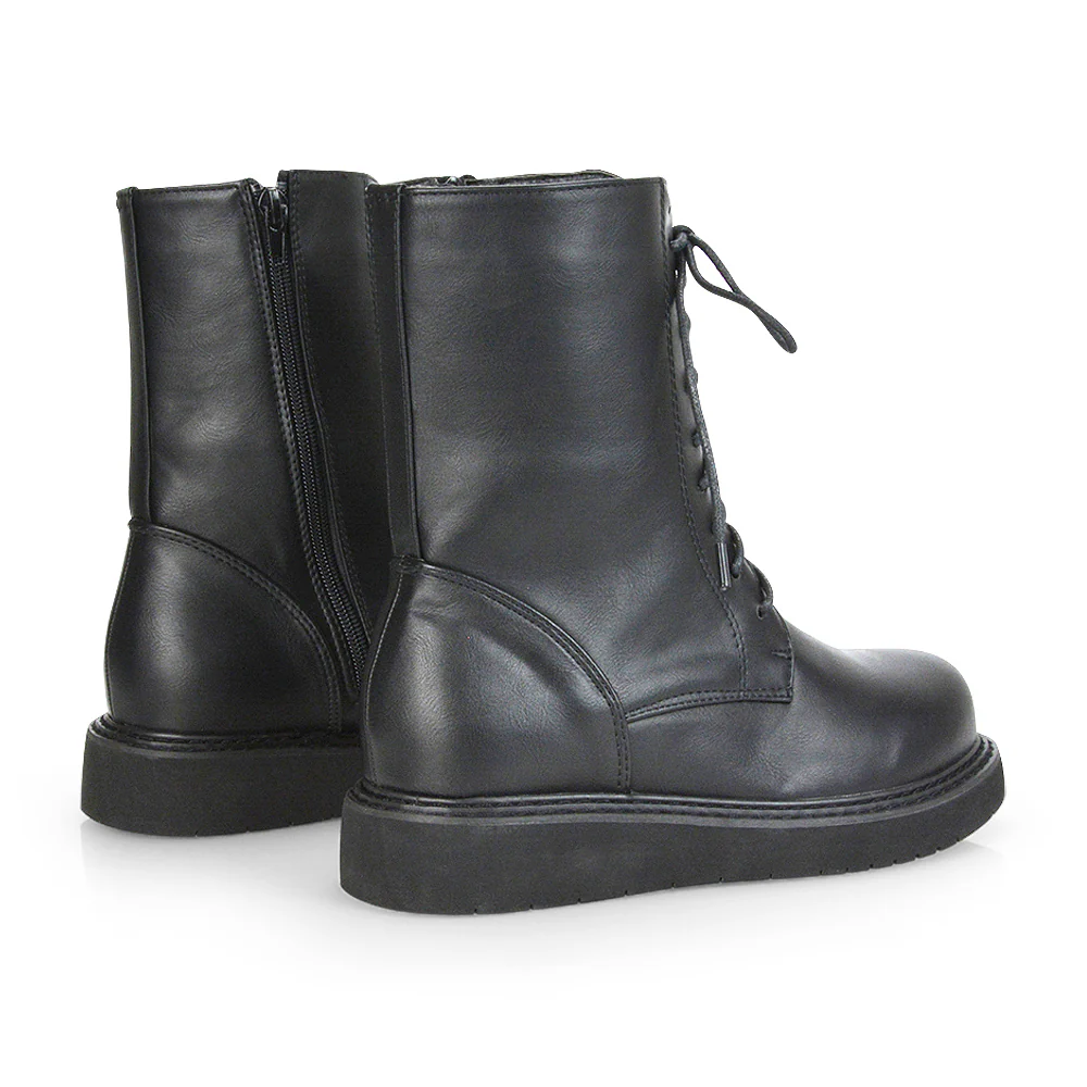 Lizzo Flat Chunky Sole Platform Zip-Up Flatform Lace up Ankle Biker Boots in Black PU - Image 65