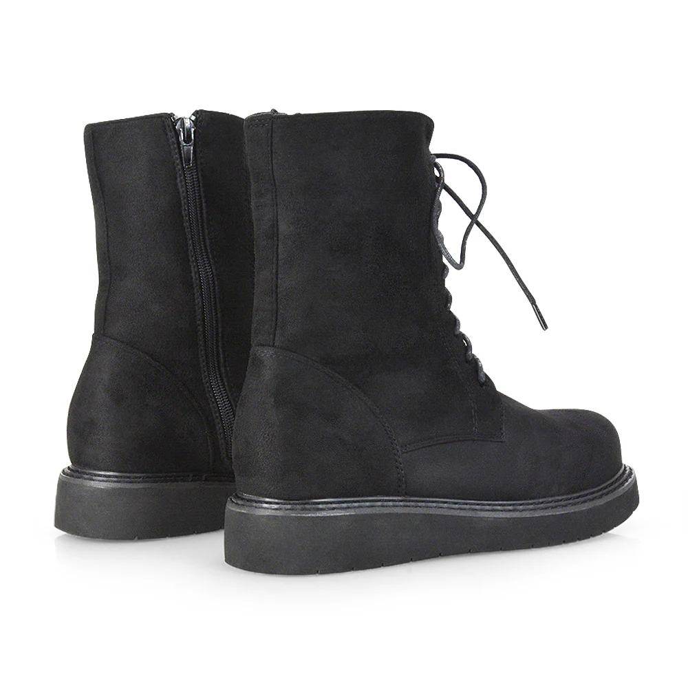 Lizzo Flat Chunky Sole Platform Zip-Up Flatform Lace up Ankle Biker Boots in Black PU - Image 75