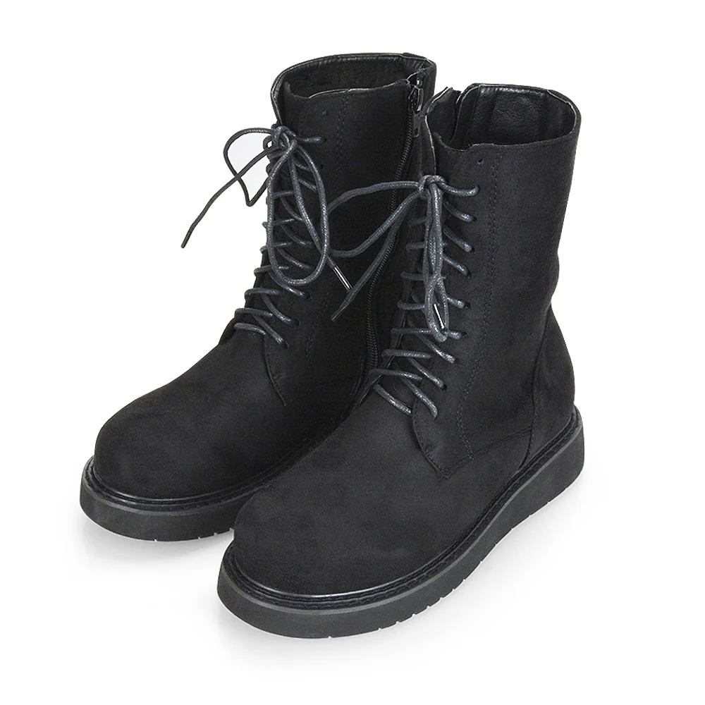 Lizzo Flat Chunky Sole Platform Zip-Up Flatform Lace up Ankle Biker Boots in Black PU - Image 84