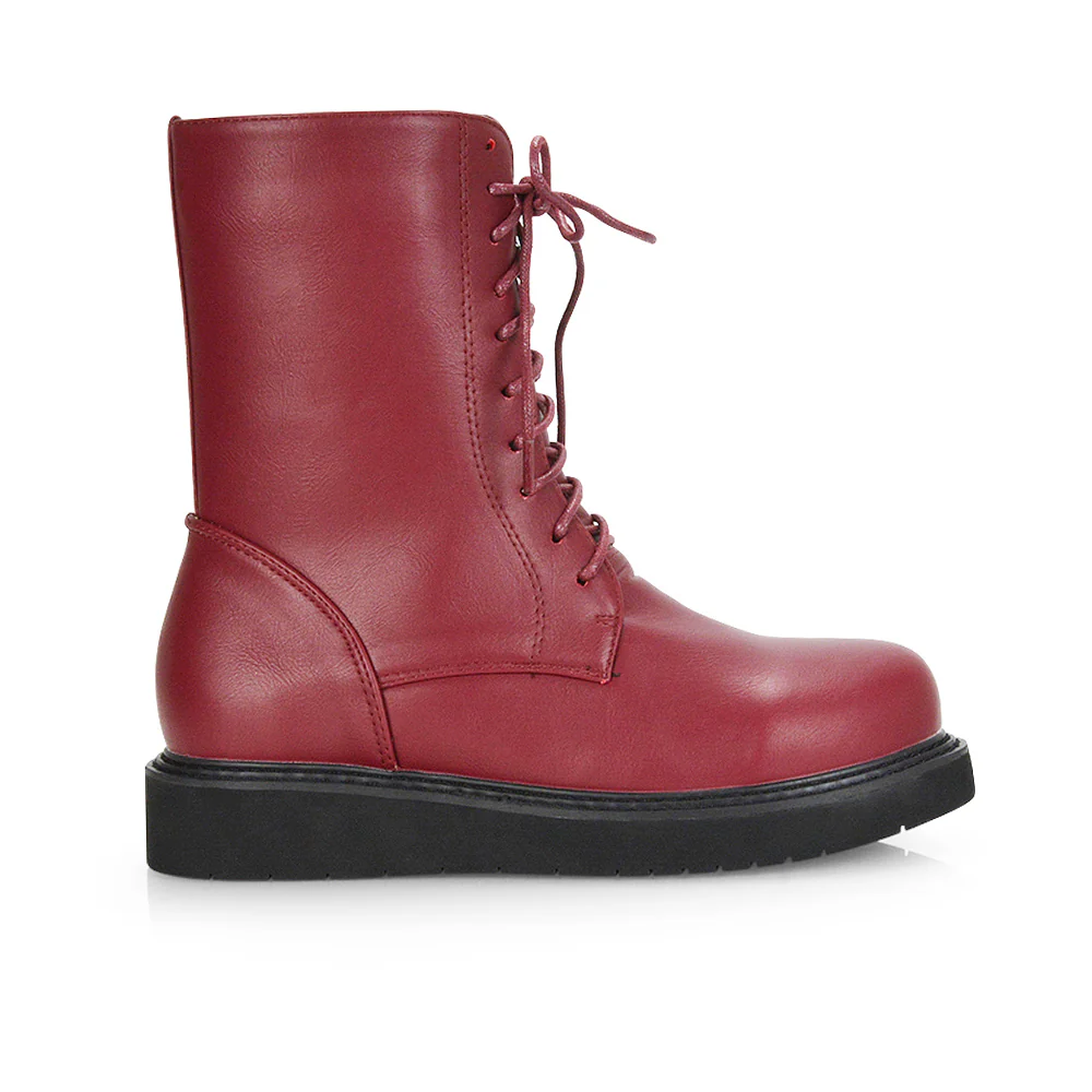 Lizzo Flat Chunky Sole Platform Zip-Up Flatform Lace up Ankle Biker Boots in Burgundy PU - Image 14