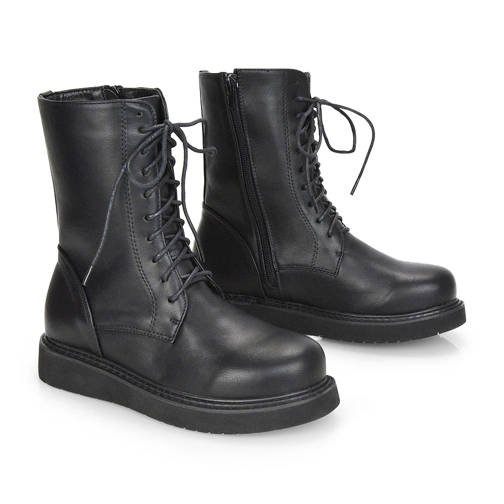 Lizzo Flat Chunky Sole Platform Zip-Up Flatform Lace up Ankle Biker Boots in Burgundy PU - Image 42