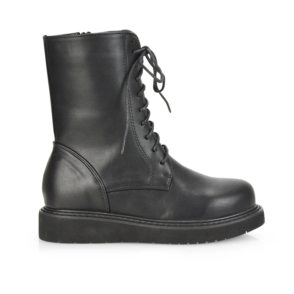 Lizzo Flat Chunky Sole Platform Zip-Up Flatform Lace up Ankle Biker Boots in Burgundy PU - Image 44