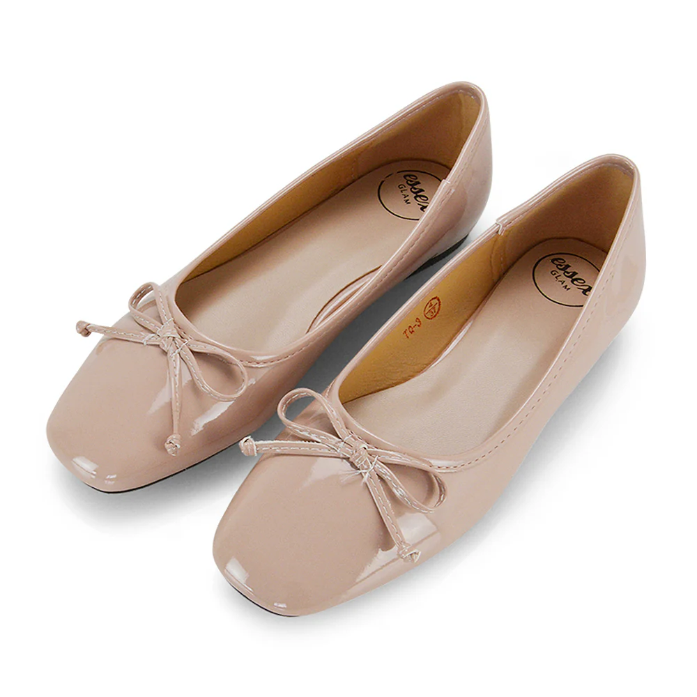 Lizzy Bow Detailing Flat Square Toe Ballerina Pump Shoes in Black Patent - Image 44