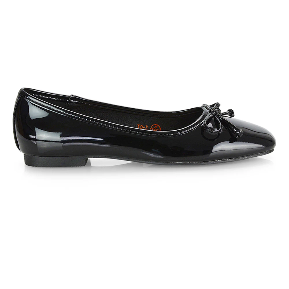 Lizzy Bow Detailing Flat Square Toe Ballerina Pump Shoes in Black Patent - Image 85