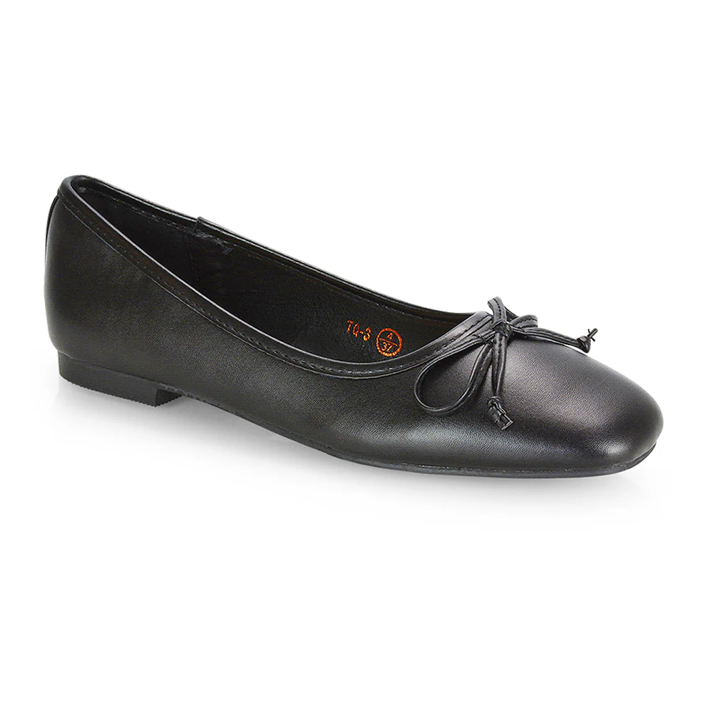Lizzy Bow Detailing Flat Square Toe Ballerina Pump Shoes in Black PU - Image 18