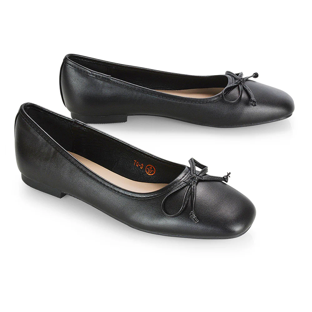 Lizzy Bow Detailing Flat Square Toe Ballerina Pump Shoes in Black PU - Image 28