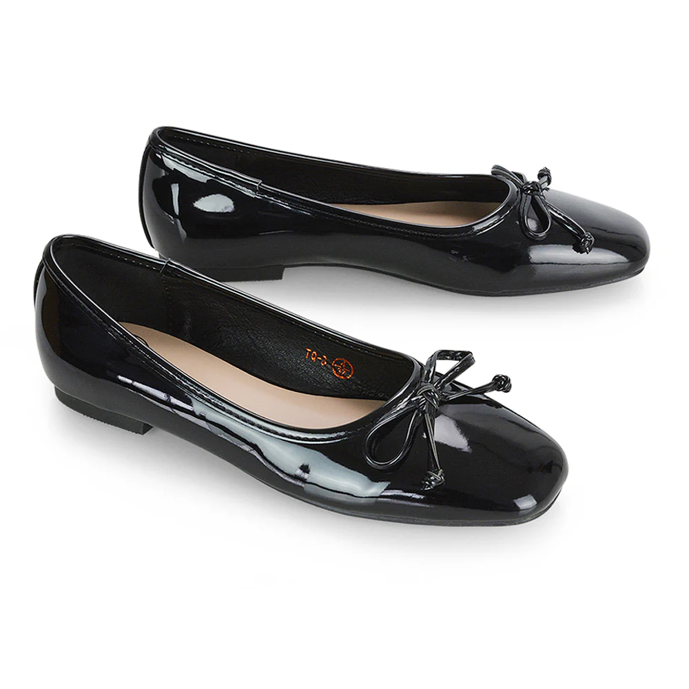 Lizzy Bow Detailing Flat Square Toe Ballerina Pump Shoes in Black PU - Image 88
