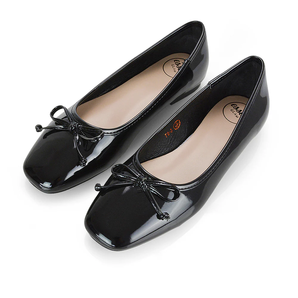 Lizzy Bow Detailing Flat Square Toe Ballerina Pump Shoes in Black PU - Image 91