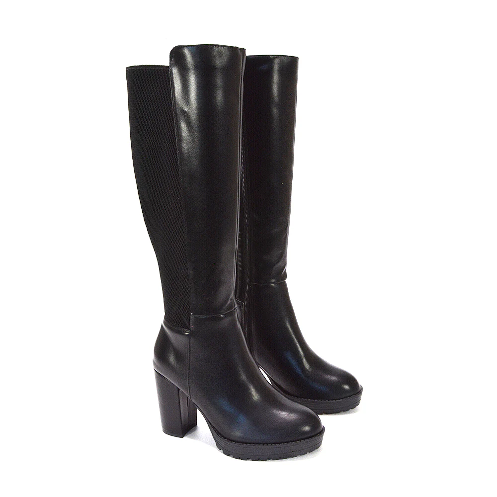 Lobby Knee High Boots Platform Block Heel Elasticated Calf In Black Synthetic Leather - Image 5