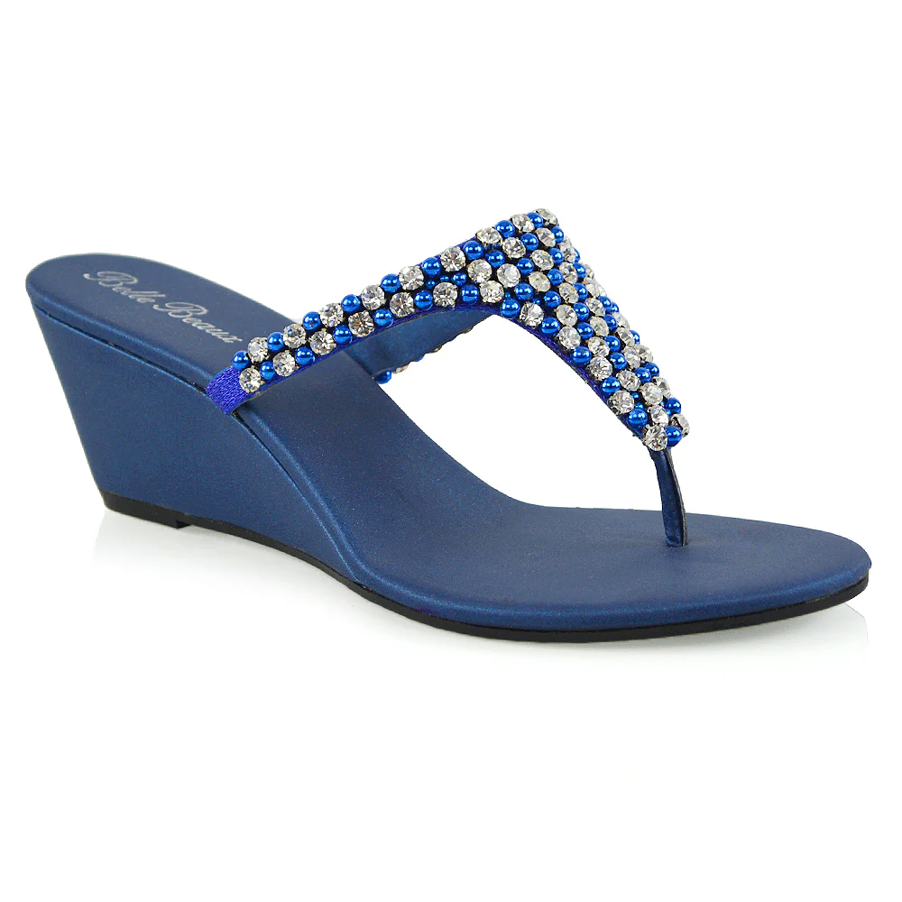 Logan Diamante Embellished Sparkly Statement Strappy Toe Post Thong Wedge Sandal High Heels in Silver - Image 34