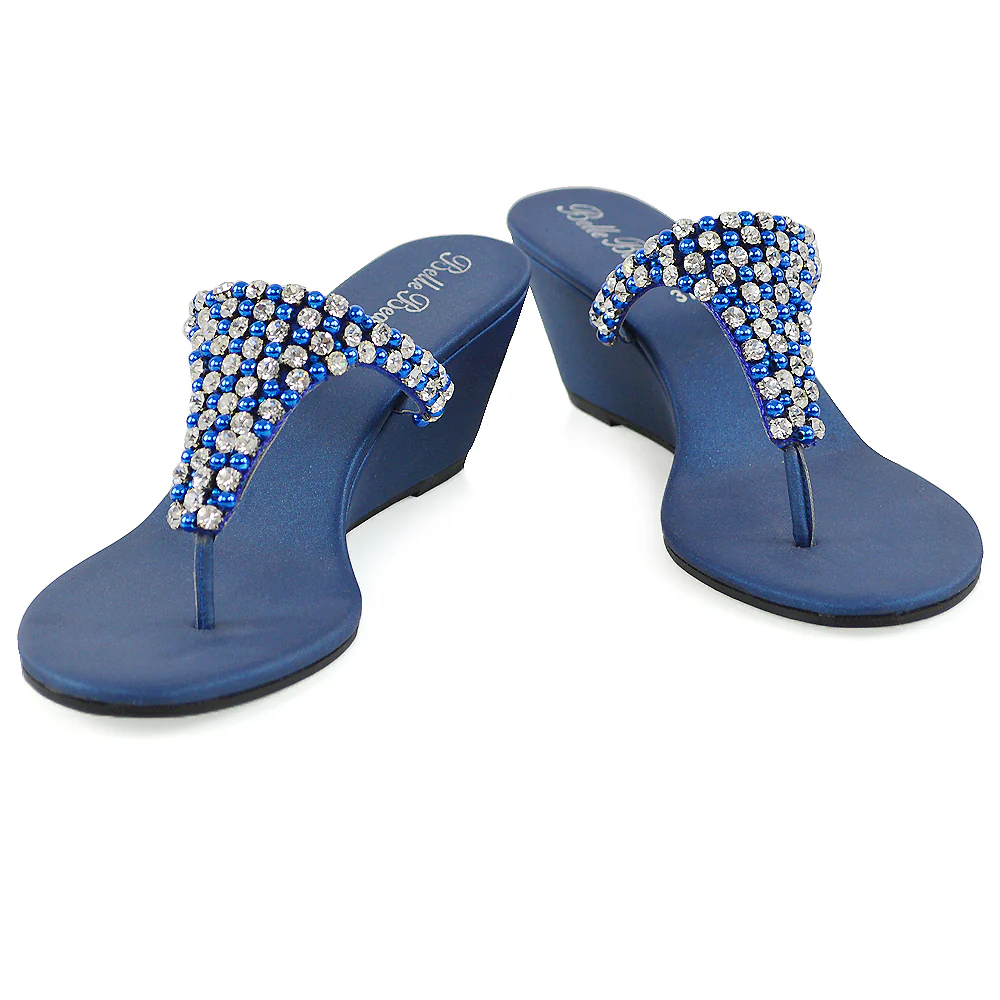 Logan Diamante Embellished Sparkly Statement Strappy Toe Post Thong Wedge Sandal High Heels in Silver - Image 46