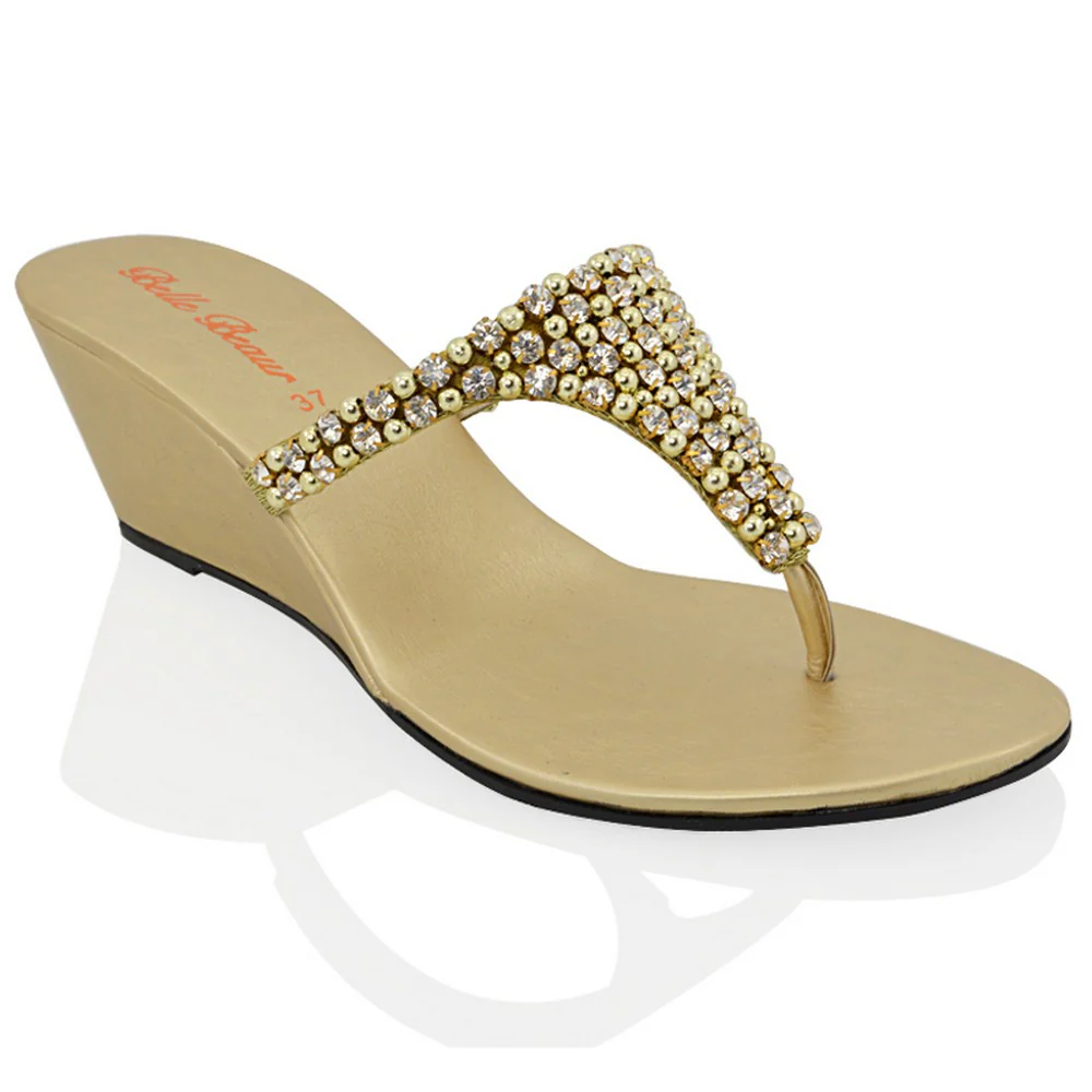 Logan Diamante Embellished Sparkly Statement Strappy Toe Post Thong Wedge Sandal High Heels in Silver - Image 52