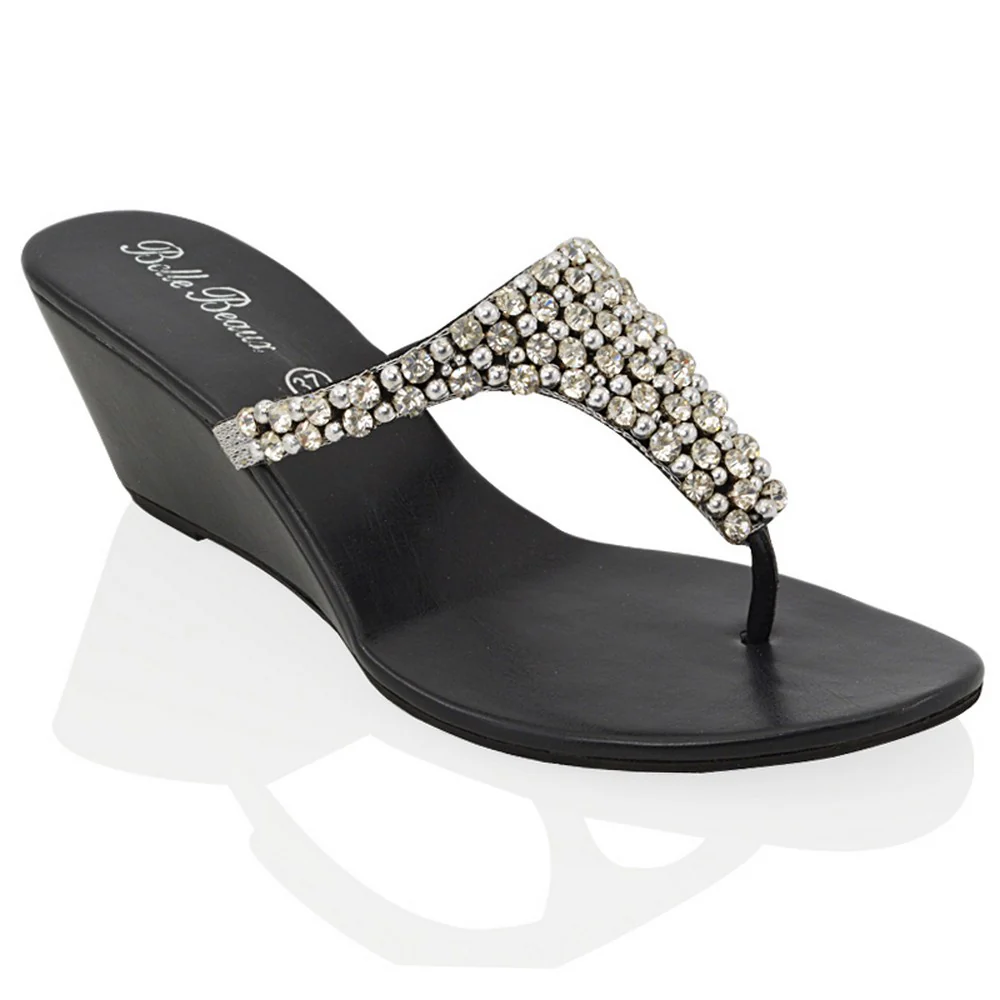 Logan Diamante Embellished Sparkly Statement Strappy Toe Post Thong Wedge Sandal High Heels in Silver - Image 62