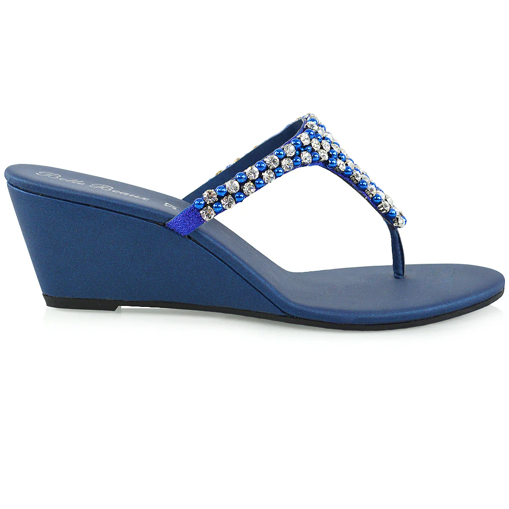 Logan Diamante Embellished Sparkly Statement Strappy Toe Post Thong Wedge Sandal High Heels in Silver - Image 72