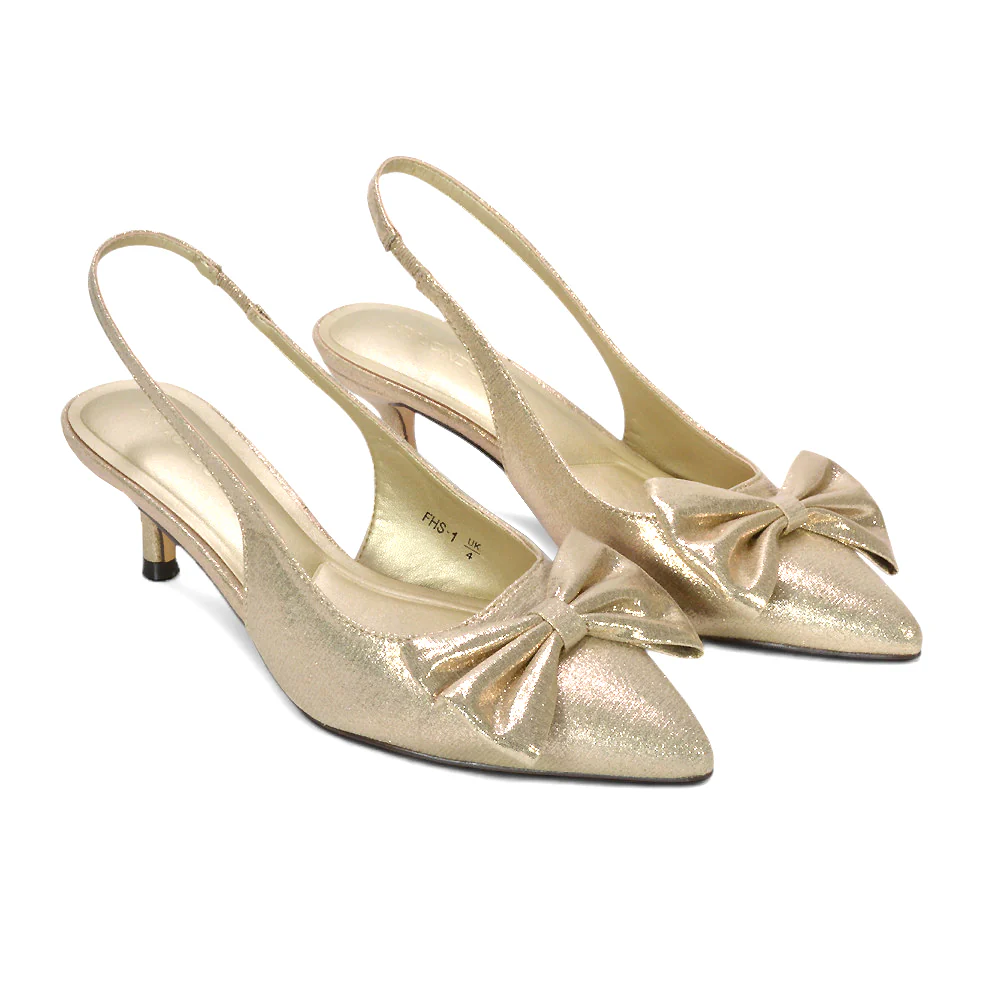 Lola Slingback Kitten Heel Bow Detail Pointed Toe Court Shoes in Brown Satin - Image 12