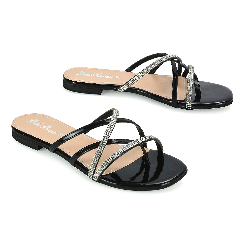 LORETTA CROSS OVER STRAPPY SLIP ON FLAT DIAMANTE SANDALS IN BLACK PATENT - Image 3