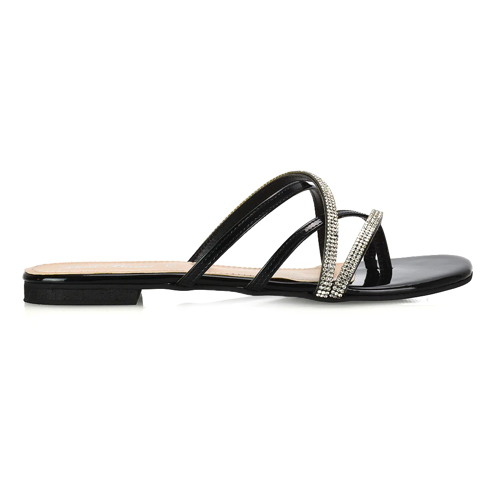 LORETTA CROSS OVER STRAPPY SLIP ON FLAT DIAMANTE SANDALS IN BLACK PATENT - Image 39