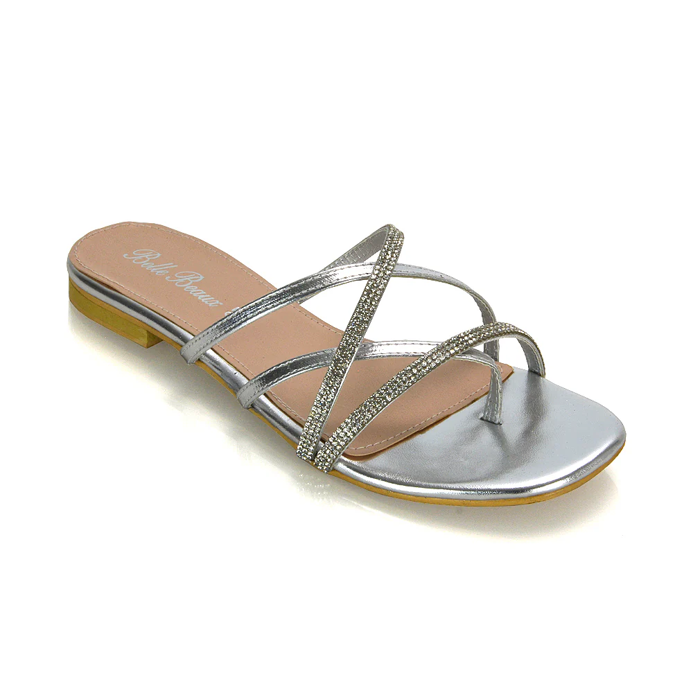 LORETTA CROSS OVER STRAPPY SLIP ON FLAT DIAMANTE SANDALS IN GOLD METALLIC - Image 17