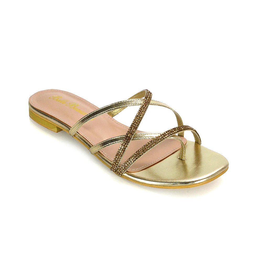 LORETTA CROSS OVER STRAPPY SLIP ON FLAT DIAMANTE SANDALS IN GOLD METALLIC - Image 22