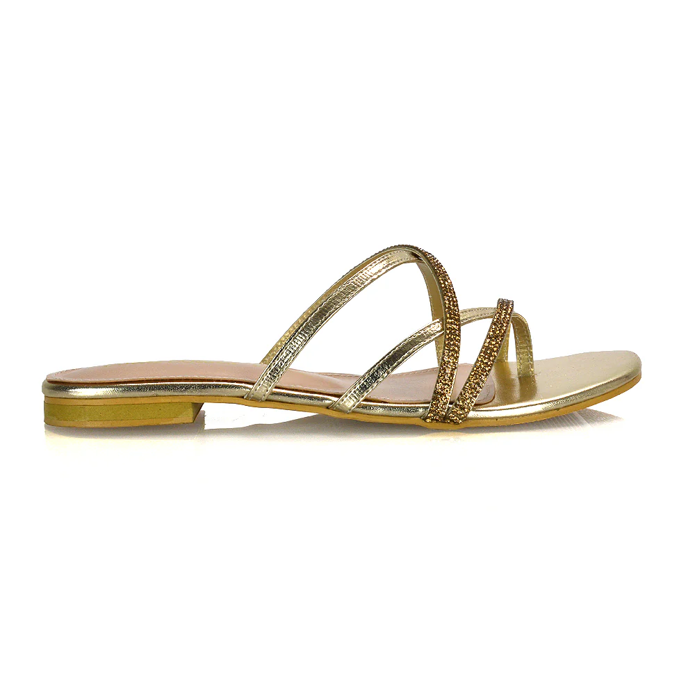 LORETTA CROSS OVER STRAPPY SLIP ON FLAT DIAMANTE SANDALS IN GOLD METALLIC - Image 27