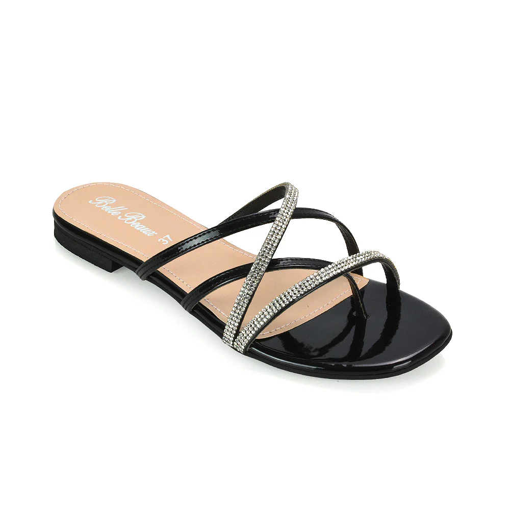 LORETTA CROSS OVER STRAPPY SLIP ON FLAT DIAMANTE SANDALS IN GOLD METALLIC - Image 34