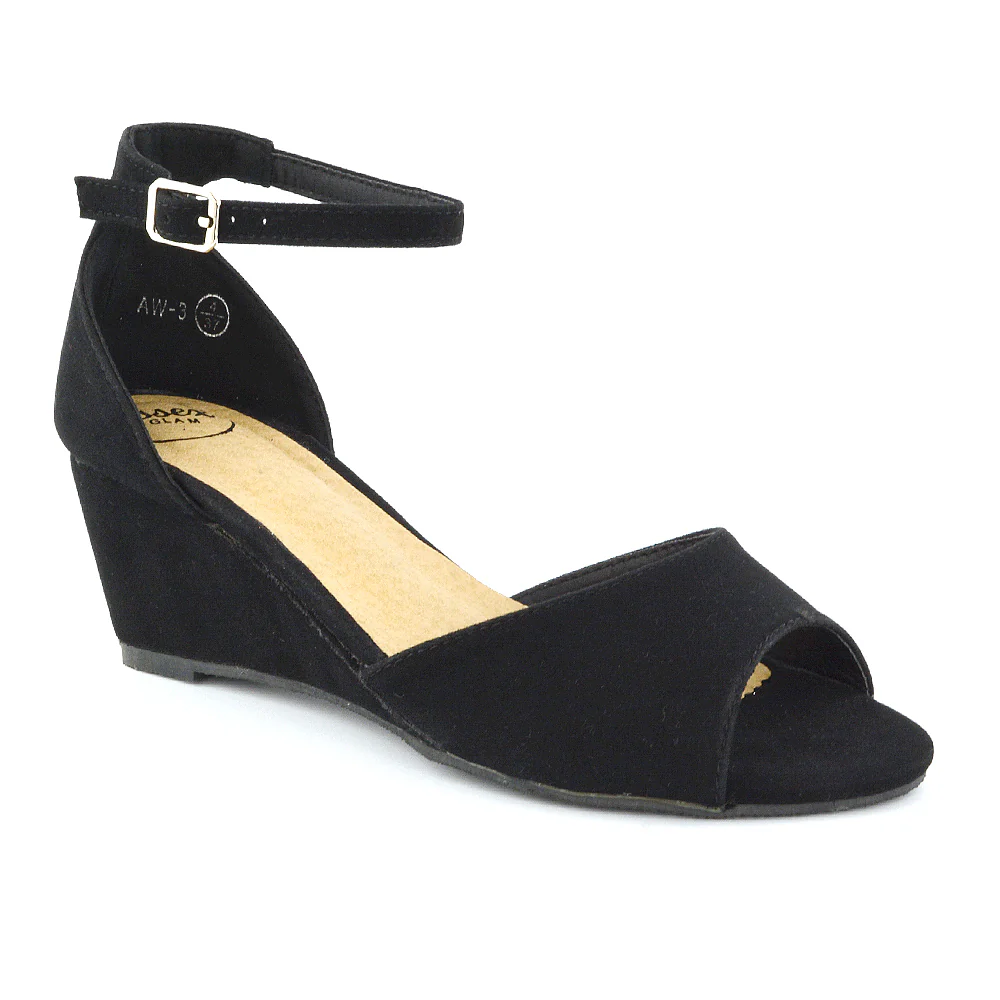 LOTTIE Mid Sandal Wedge Heels Bridal Shoes with Buckle Up Ankle Strap in Black - Image 2