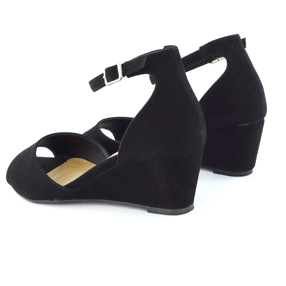 LOTTIE Mid Sandal Wedge Heels Bridal Shoes with Buckle Up Ankle Strap in Black - Image 4