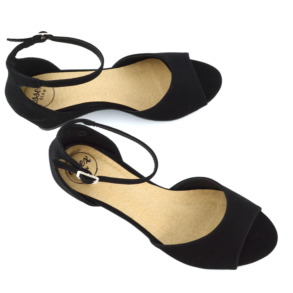 LOTTIE Mid Sandal Wedge Heels Bridal Shoes with Buckle Up Ankle Strap in Black - Image 5
