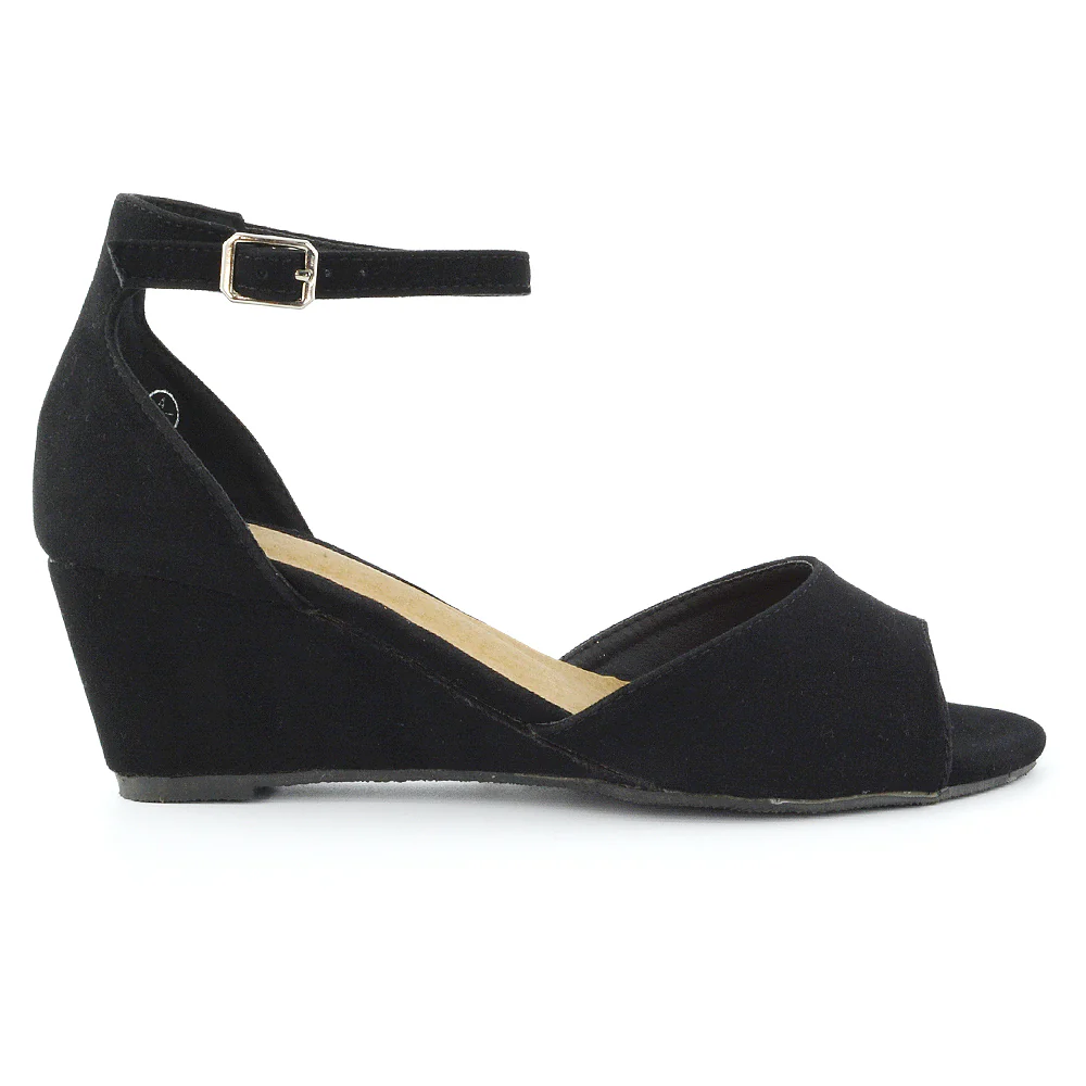 LOTTIE Mid Sandal Wedge Heels Bridal Shoes with Buckle Up Ankle Strap in Black - Image 7