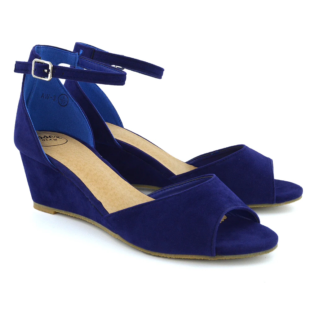 LOTTIE Mid Sandal Wedge Heels Bridal Shoes with Buckle Up Ankle Strap in Navy - Image 3