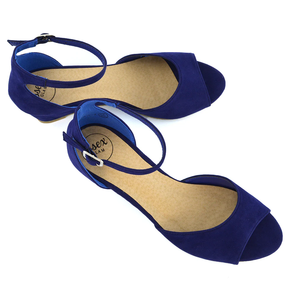 LOTTIE Mid Sandal Wedge Heels Bridal Shoes with Buckle Up Ankle Strap in Navy - Image 5