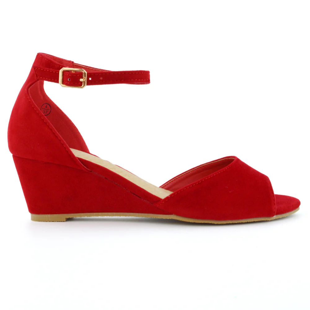 LOTTIE Mid Sandal Wedge Heels Bridal Shoes with Buckle Up Ankle Strap in Red - Image 7