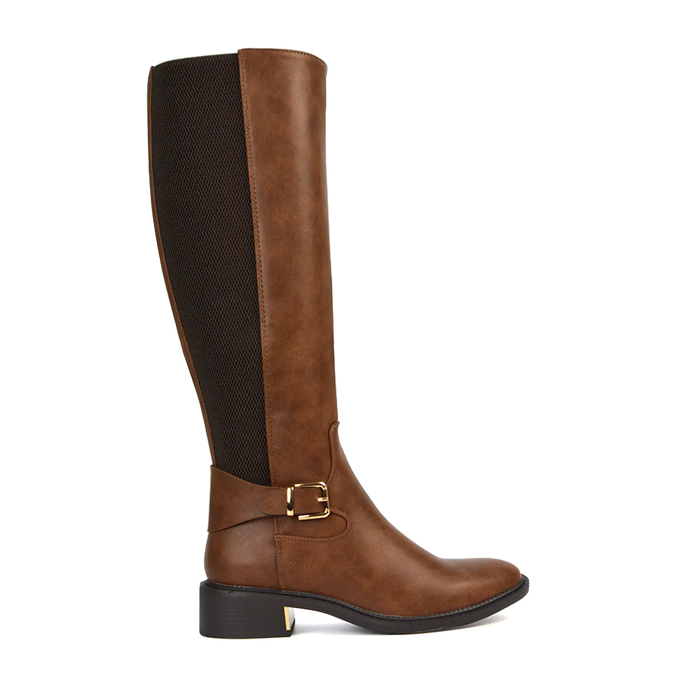 Louisa Knee High Flat Stretchy Buckle Detail Winter Boots in Black Synthetic Leather - Image 7