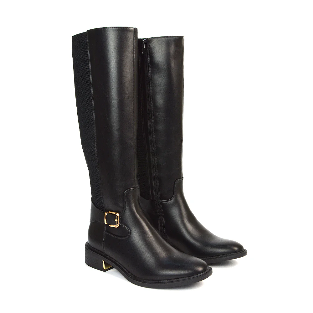 Louisa Knee High Flat Stretchy Buckle Detail Winter Boots in Black Synthetic Leather - Image 4