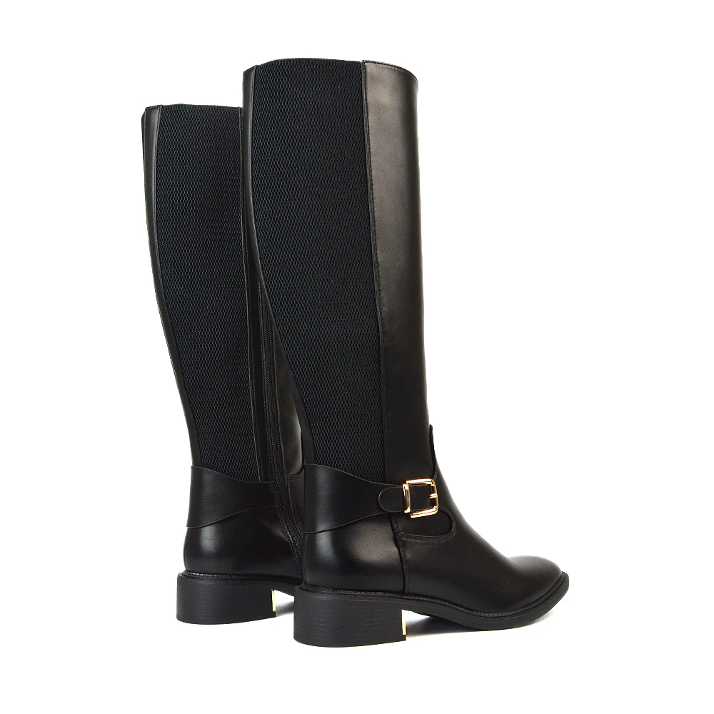 Louisa Knee High Flat Stretchy Buckle Detail Winter Boots in Black Synthetic Leather - Image 5