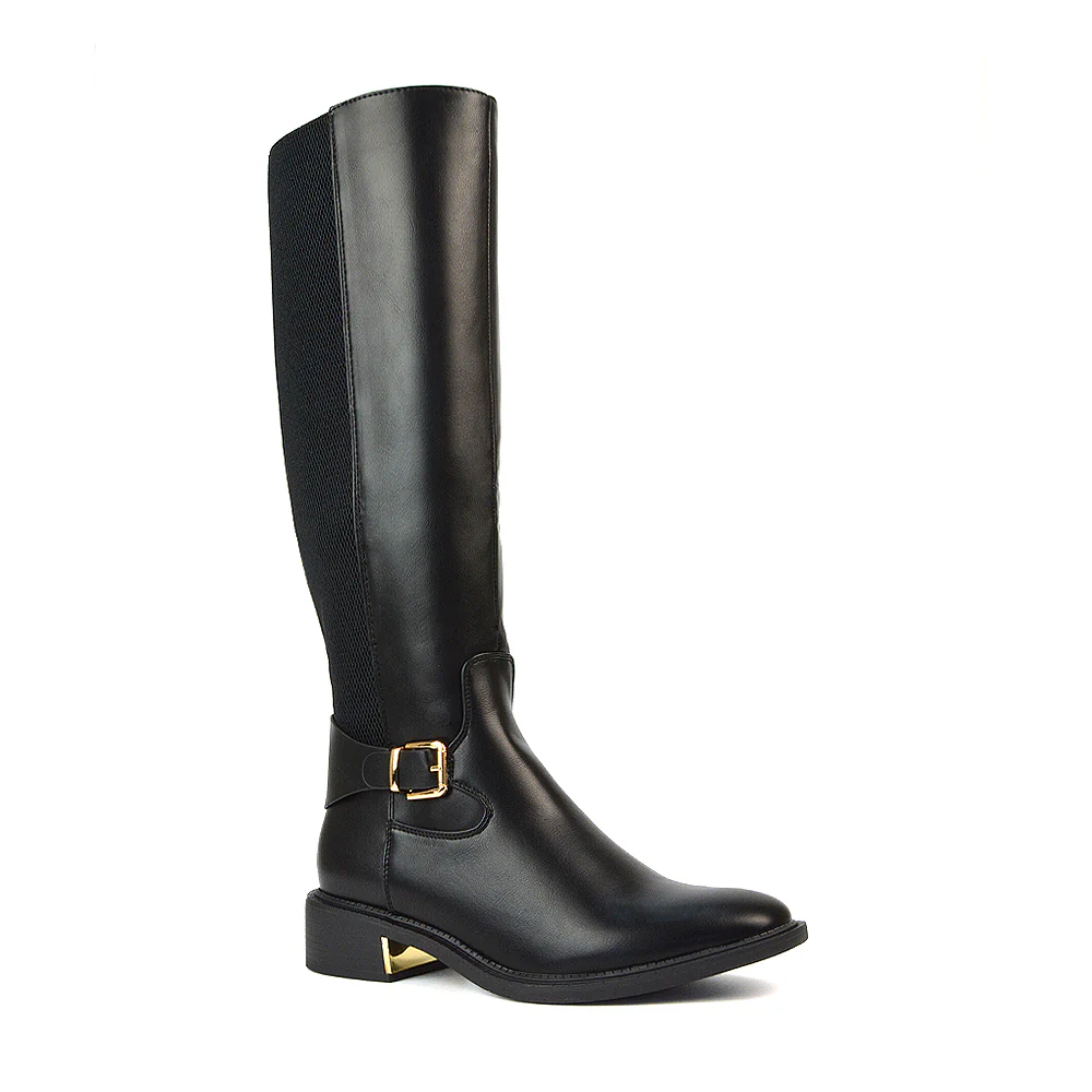 Louisa Knee High Flat Stretchy Buckle Detail Winter Boots in Black Synthetic Leather - Image 6