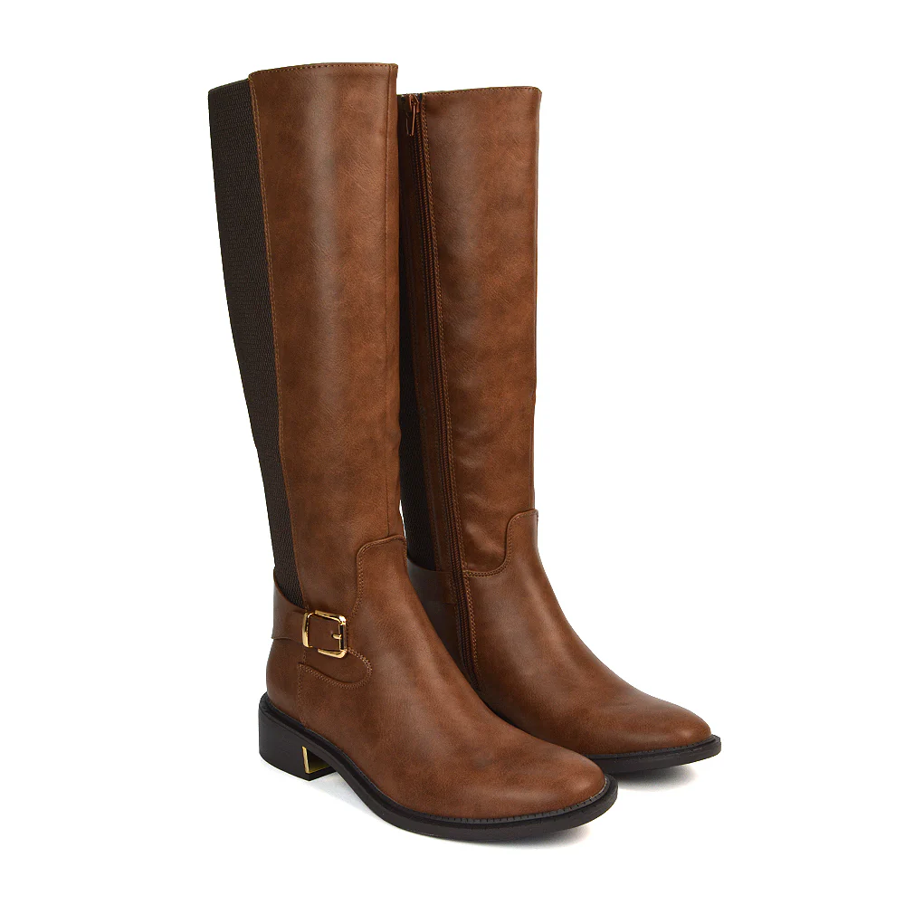 Louisa Knee High Flat Stretchy Buckle Detail Winter Boots in Black Synthetic Leather - Image 10