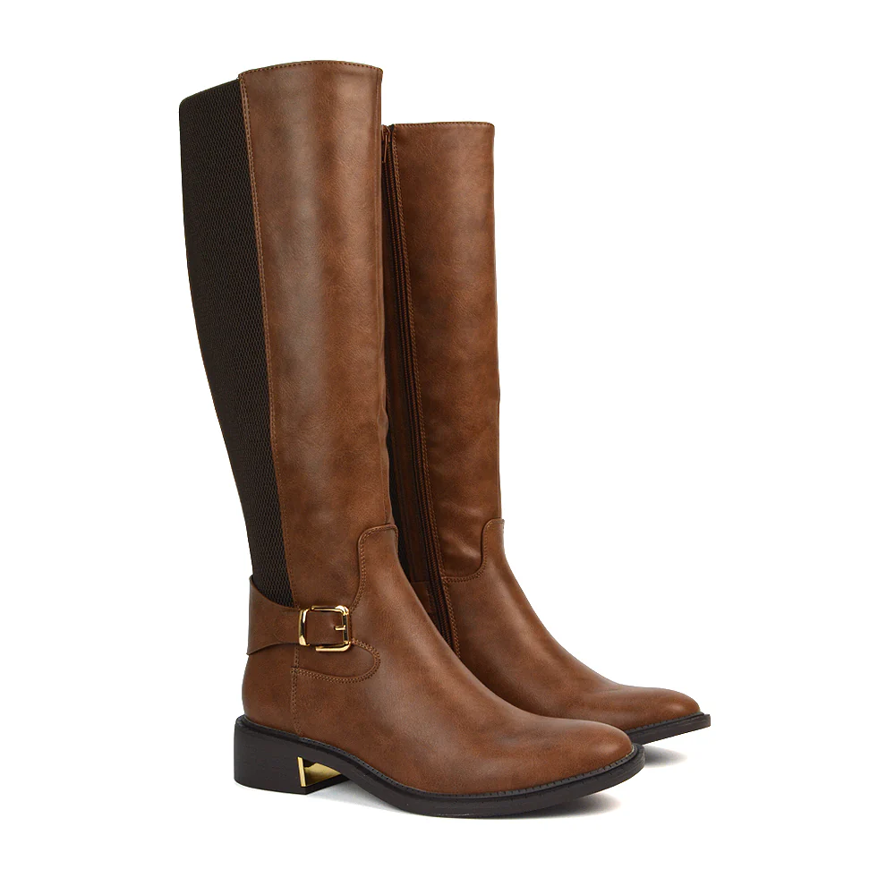 Louisa Knee High Flat Stretchy Buckle Detail Winter Boots in Black Synthetic Leather - Image 9
