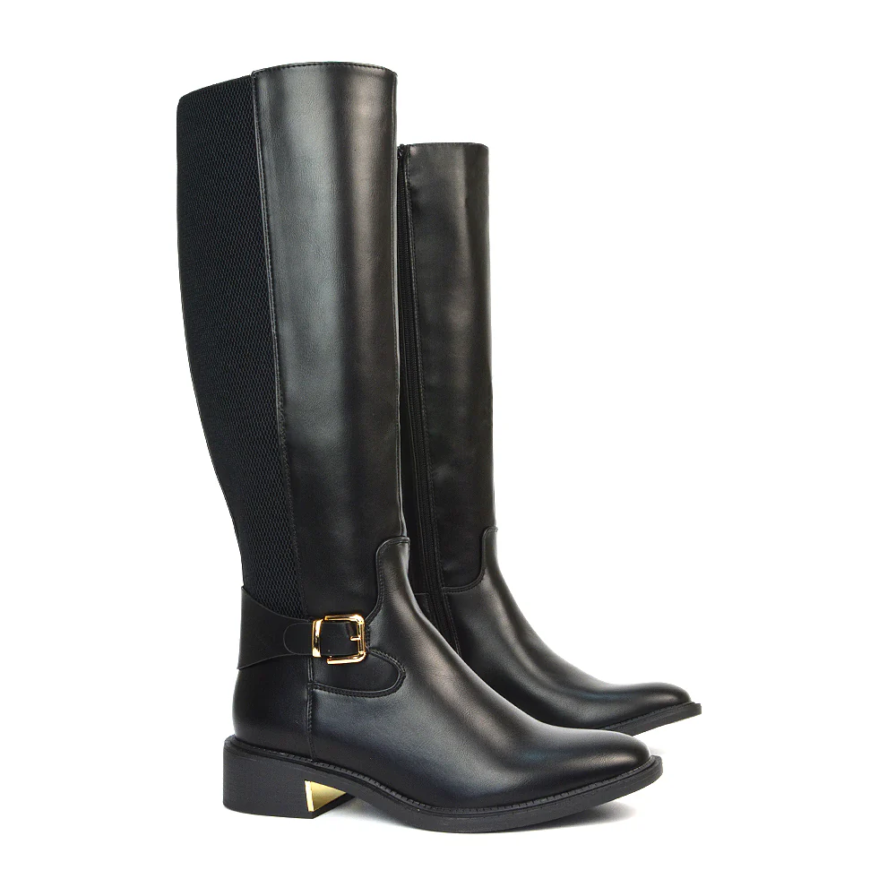 Louisa Knee High Flat Stretchy Buckle Detail Winter Boots in Black Synthetic Leather - Image 2