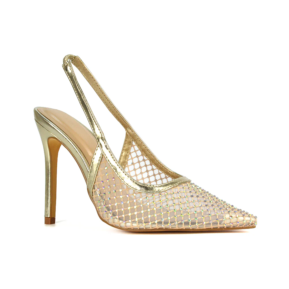 Louise Diamante Mesh Slingback Pointed Toe Stiletto High Heel Court Shoes in Gold - Image 5