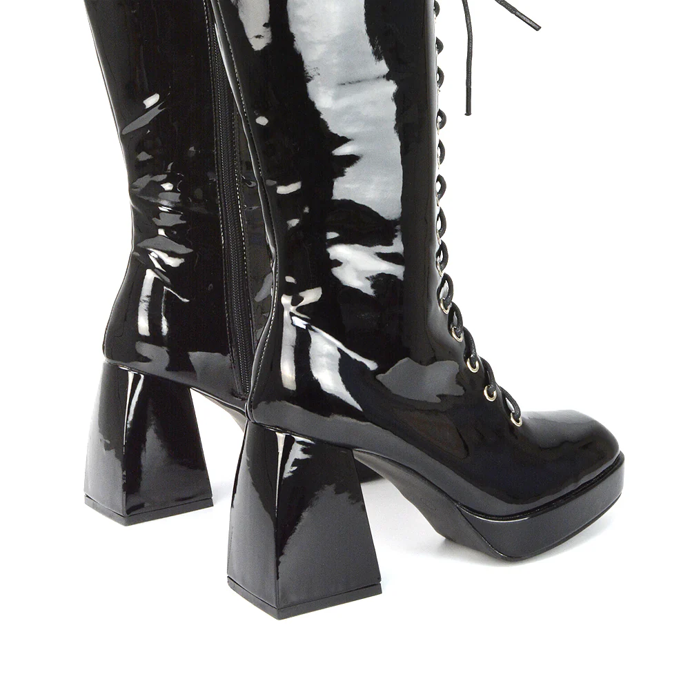 Love Square Toe Chunky Platform Sole Block Heel Knee High Long Lace up Boots in Black Patent - Image 88